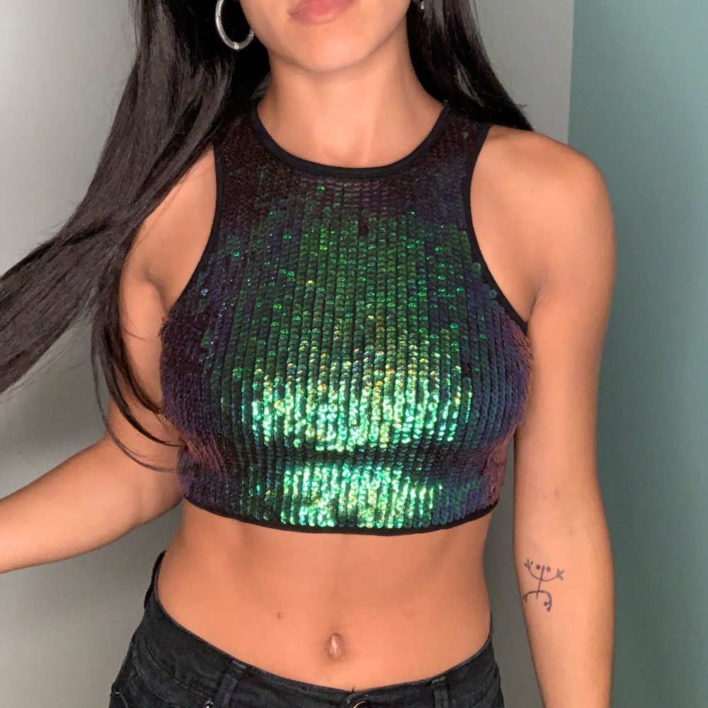 GREEN/BLUE SEQUIN CROP TOP